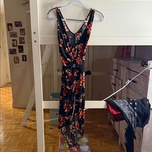 Black Floral Wrap Midi Dress with Red Bloom Print